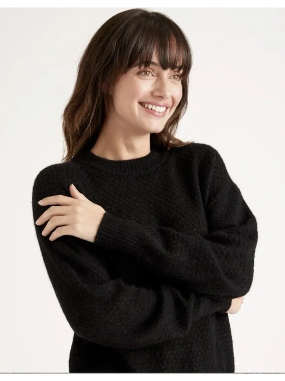 Quince Baby Alpaca Wool Diamond Stitch Crew Neck Sweater  Black Size S